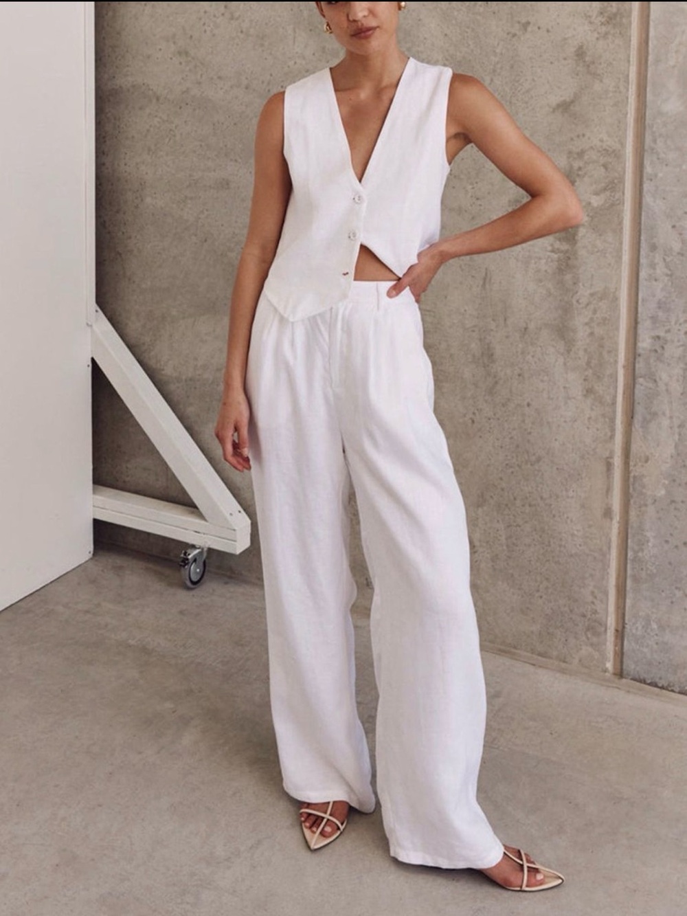 Commense Classic White Cotton Wide-Leg Pant Set for Women